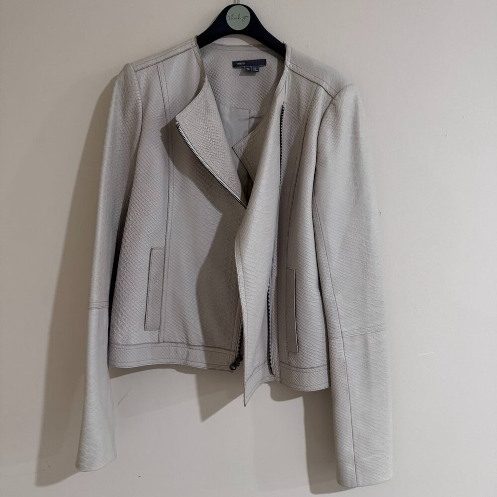 [Vince] Light Beige Snakeskin-Embossed Leather Biker Jacket - Size XS